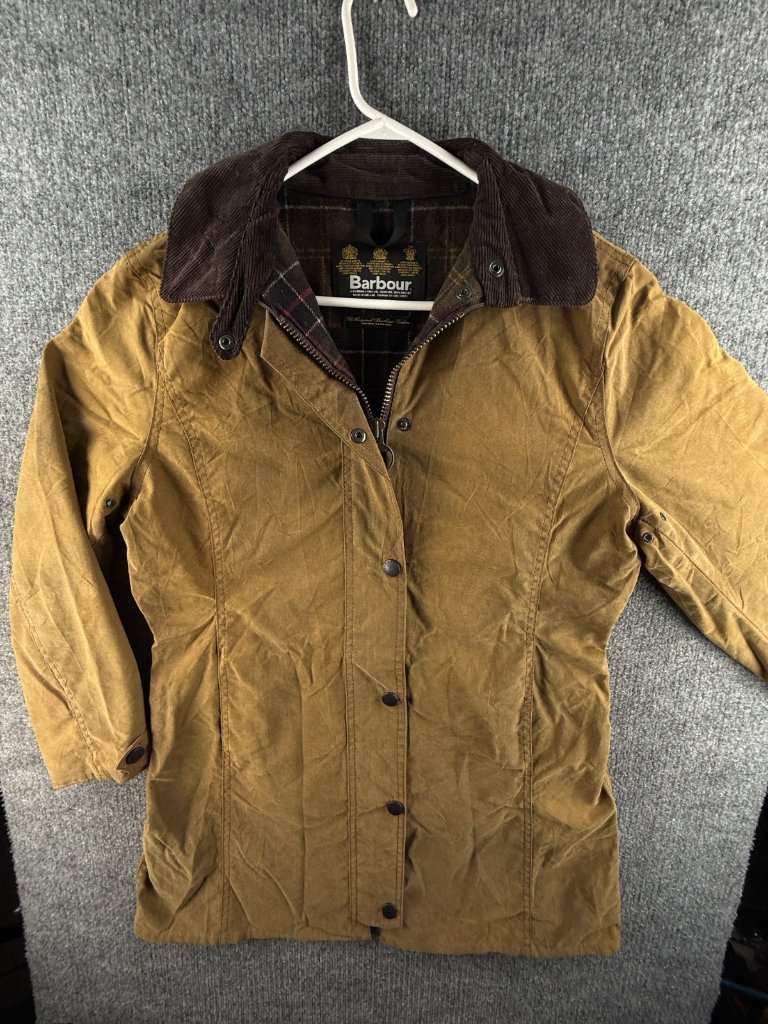 In Barbour L65 Newmarket Waxed Jacket Wool Lined Brown Tan Long Women Size 12 Uk